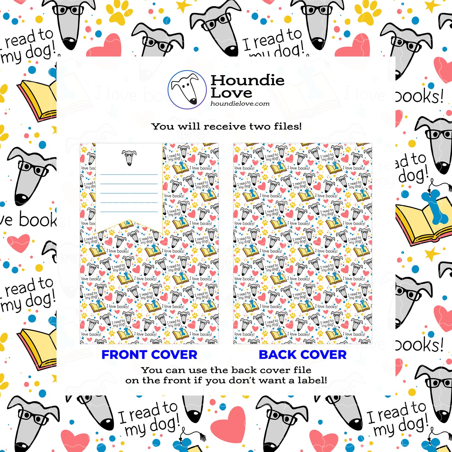 Printable Composition Notebook Cover PNG • I Read to My Dog! • Greyhound Reading Instant Download PNG • Front & Back Files