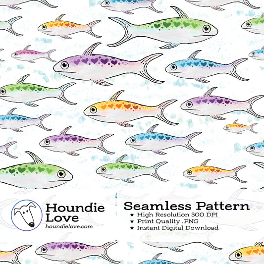 Rainbow Sardine Hearts Seamless Pattern • Digital Fish Print PNG • Ocean Love Fabric & Craft Design