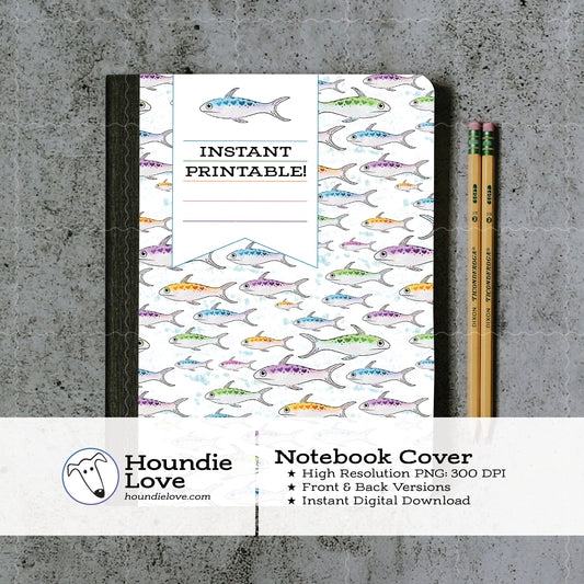 Printable Composition Notebook Cover PNG • Rainbow Sardine Hearts • Watercolor Fish Digital Paper • Ocean