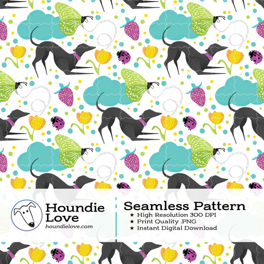 Greyhounds chasing butterflies in a summer garden – Digital Seamless Pattern
