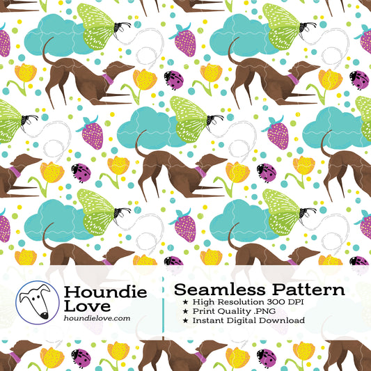 Greyhounds chasing butterflies in a summer garden – Digital Seamless Pattern