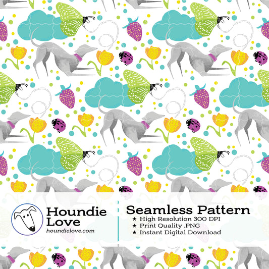 Greyhounds chasing butterflies in a summer garden – Digital Seamless Pattern