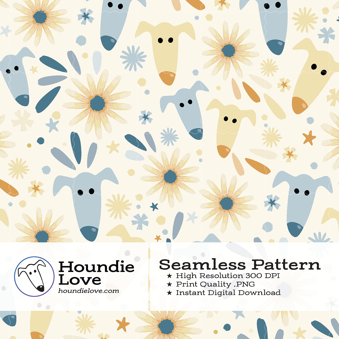 Wildflower Pups Seamless Pattern • Greyhound Floral PNG • Soft Cream Digital Download for Scrapbooking & Crafts