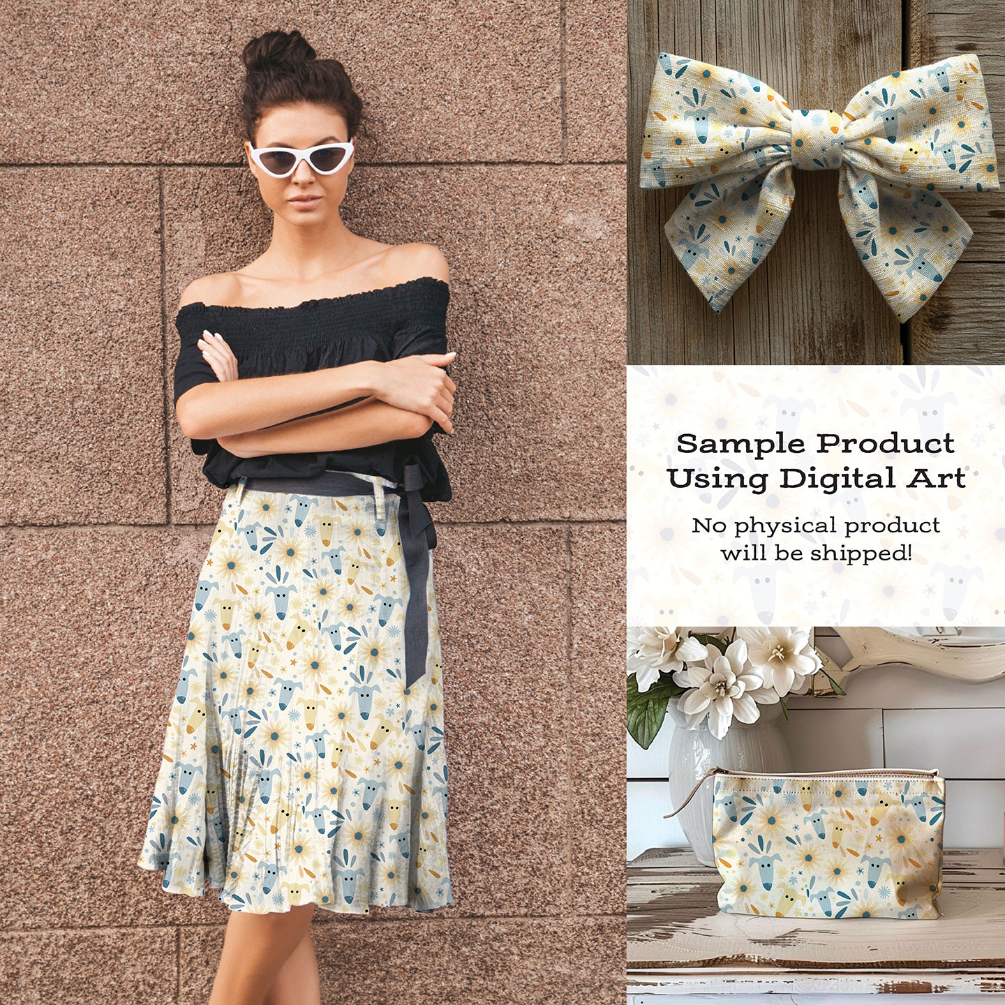 Wildflower Pups Seamless Pattern • Greyhound Floral PNG • Soft Cream Digital Download for Scrapbooking & Crafts