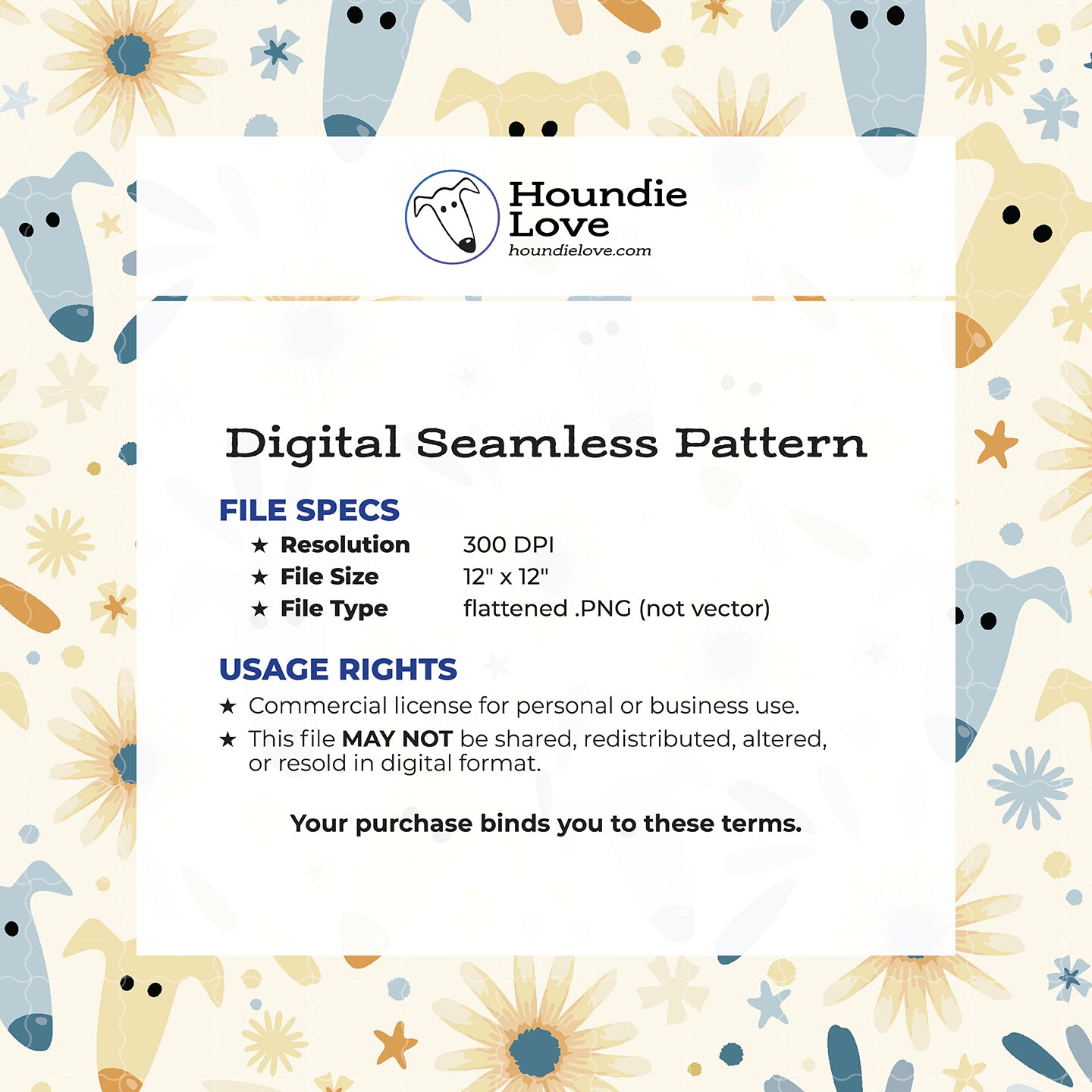 Wildflower Pups Seamless Pattern • Greyhound Floral PNG • Soft Cream Digital Download for Scrapbooking & Crafts