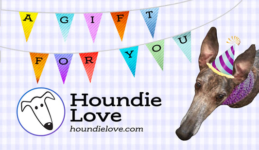 Dog wearing a party hat with colorful flags and 'Houndie Love' branding.